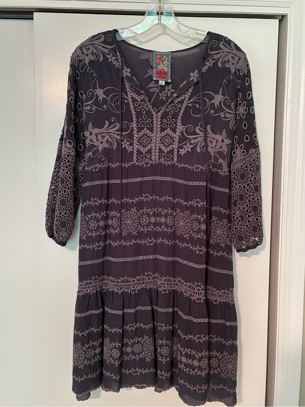 Johnny Was Embroidered Gray Eyelet Mini Dress XS